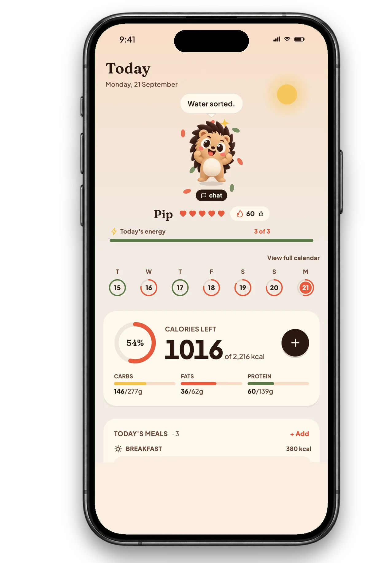 The Calfit Today screen showing calories left against the daily target