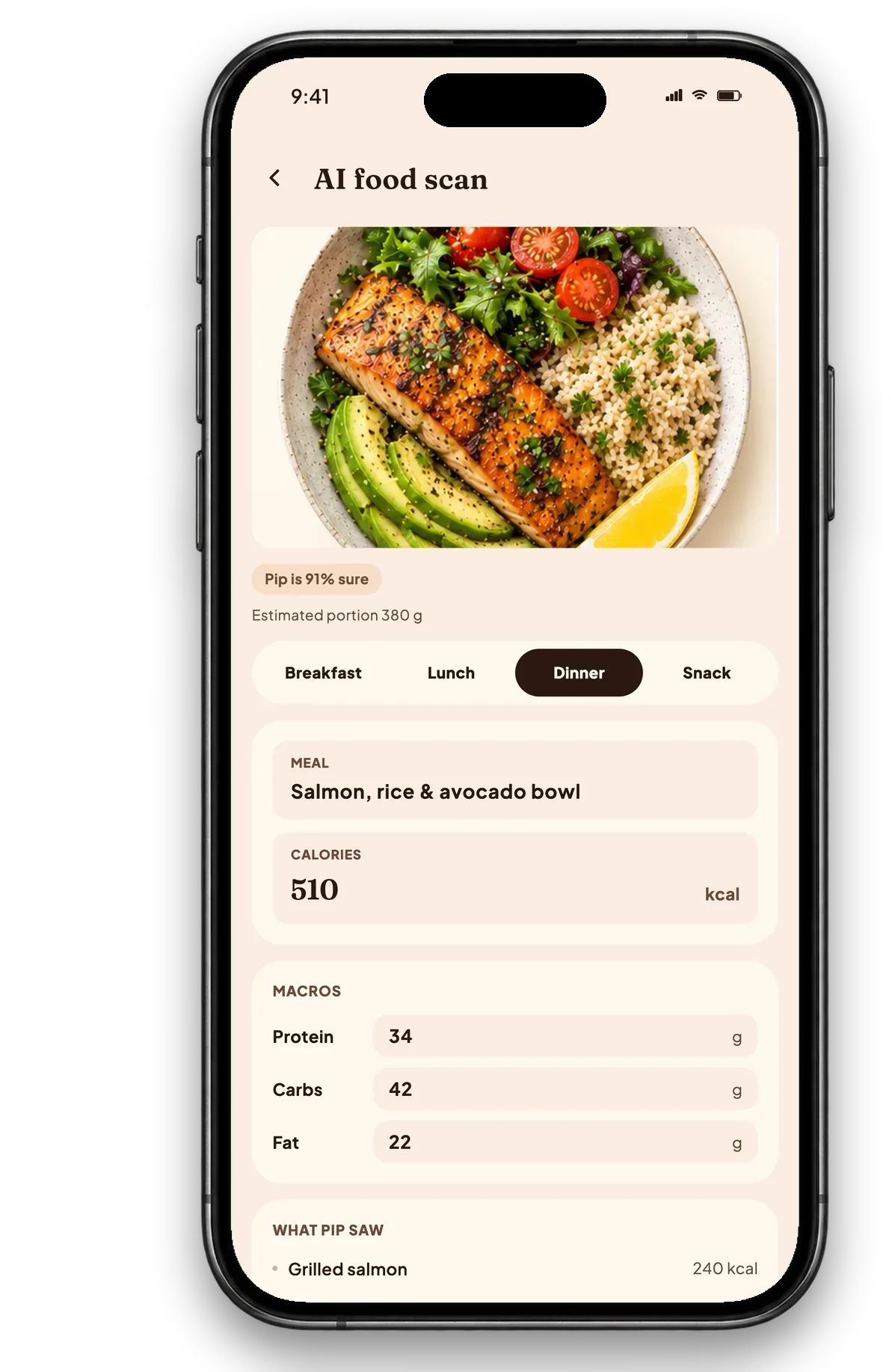 The Calfit scan screen reading a plate and filling in its protein alongside the calories