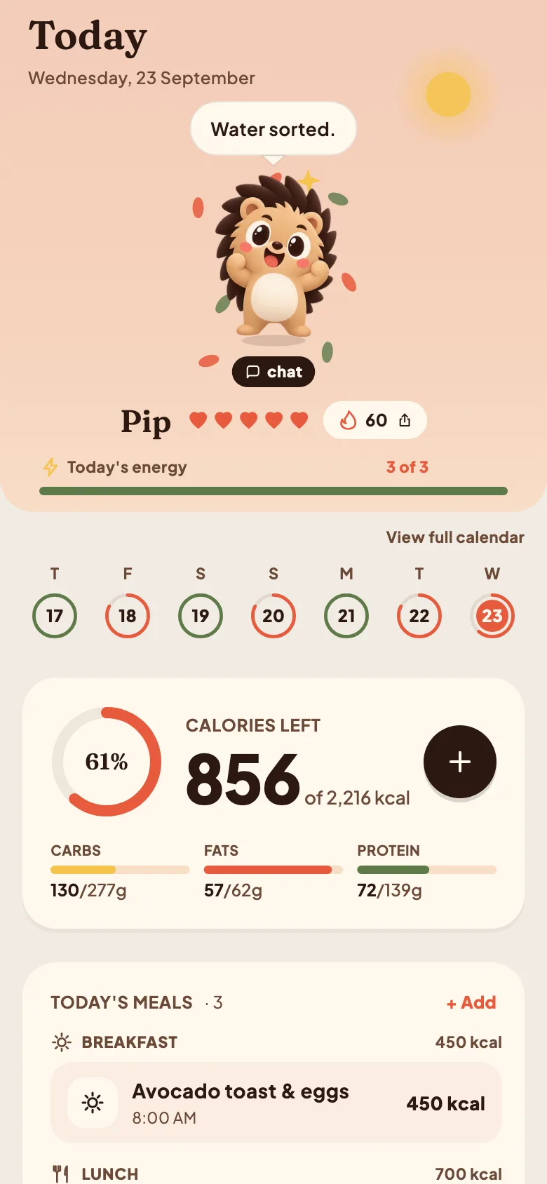 The Calfit home screen showing the daily calorie ring and separate protein, carbohydrate and fat rings with the day's meals listed underneath