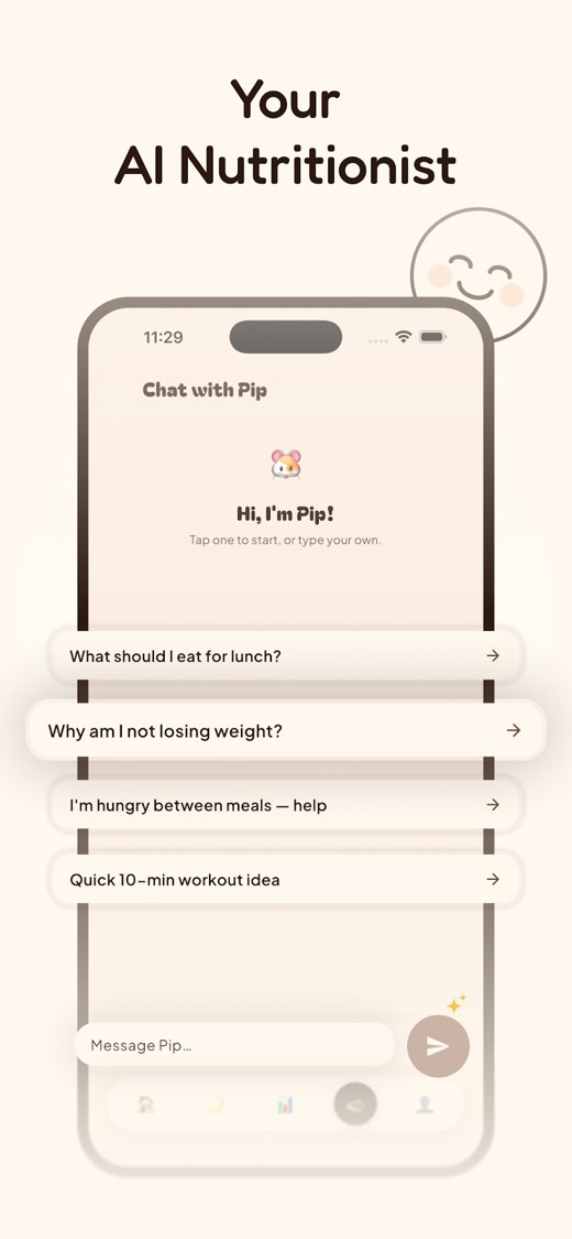 AI nutritionist chat with Pip answering what should I eat for lunch