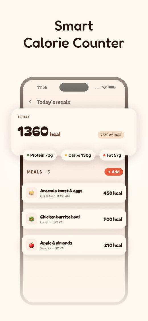 Calorie counter showing 1,360 kcal logged with meals filed under breakfast, lunch and snacks