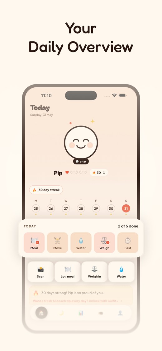 Daily overview screen with Pip, streak calendar and today's meal, water and weigh-in tasks