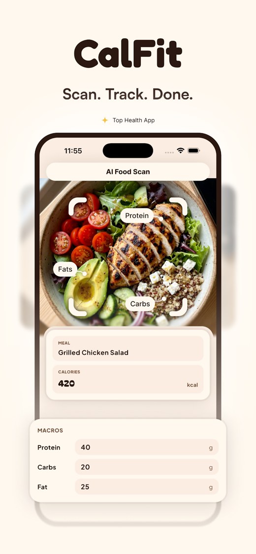 Calfit AI food scan identifying a grilled chicken salad with protein, carbs and fat from a photo