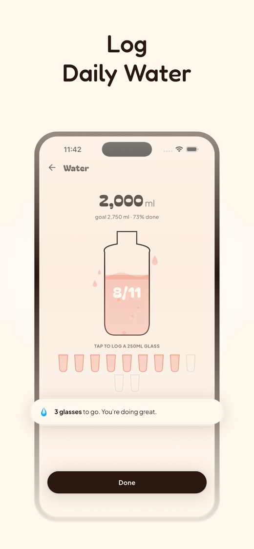 Daily water tracker with a 2,000 ml goal and glasses tapped off