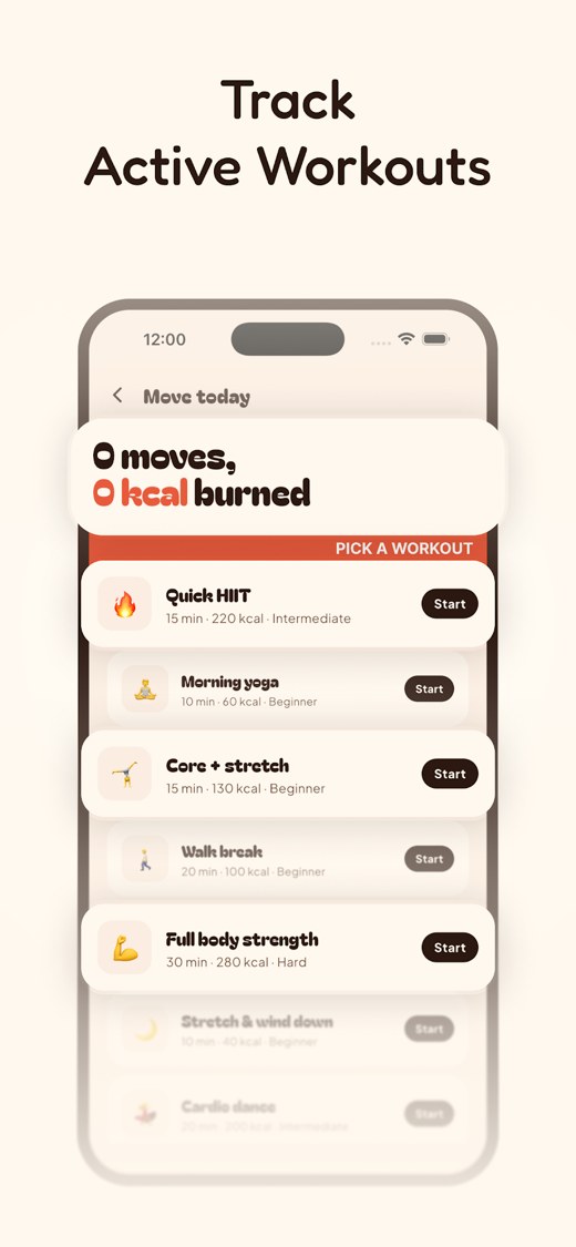 Workout tracking screen with quick HIIT, yoga and full-body strength sessions